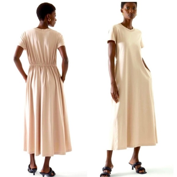 COS Dresses & Skirts - COS Tee Shirt Pockets Ruched Elastic Back maxi Dress Tan NWT  size 12